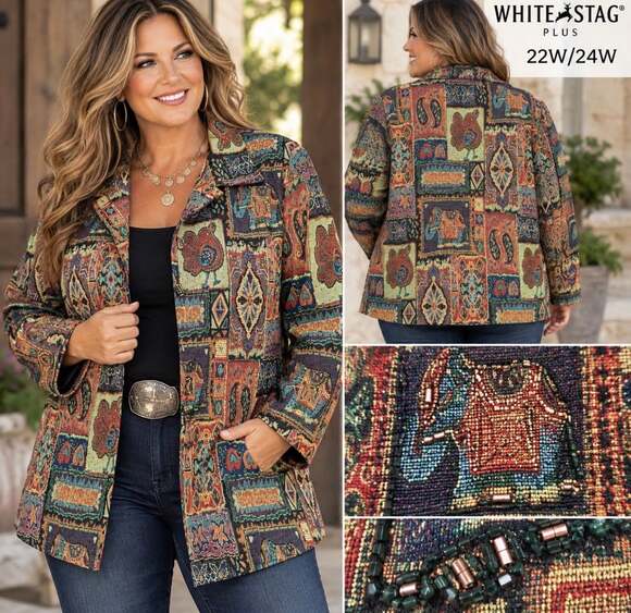 White Stag Jackets & Blazers - White Stag Plus Tapestry Jacket 22W/24W Beaded Boho Western Country